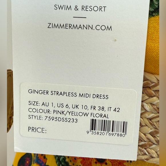 ZIMMERMANN Ginger Strapless Midi Dress Pink & Yellow Floral Midi Dress Size 6 - Picture 9 of 16